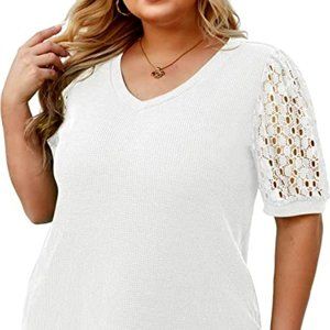 Summer Blouse Waffle Knit Short Lace Sleeve Shirt